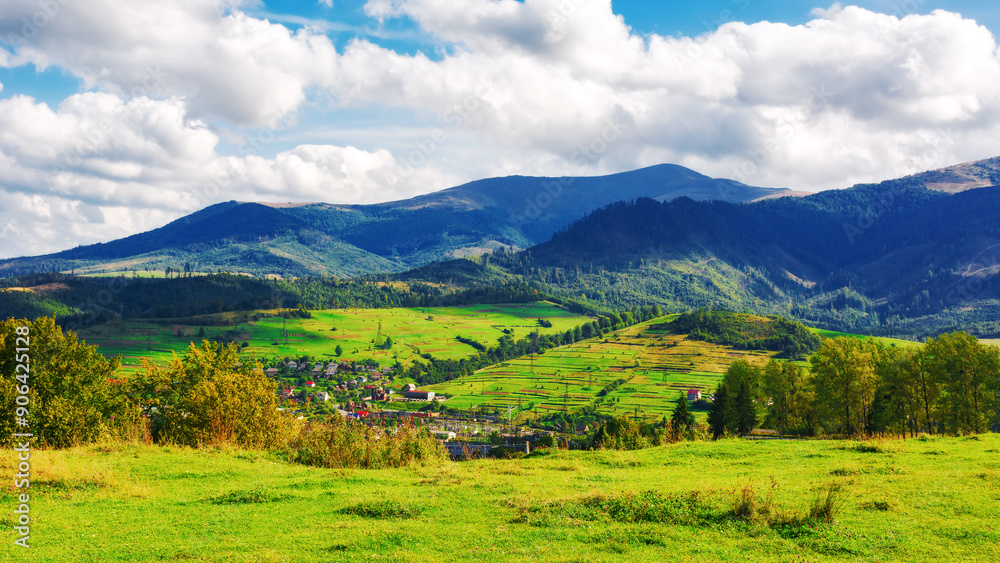 Obraz premium mountainous countryside landscape of ukraine. view in to the distant rural valley from meadow. trees on the hills of carpathian borzhava ridge. sunny weather, clouds on the sky. volovets district