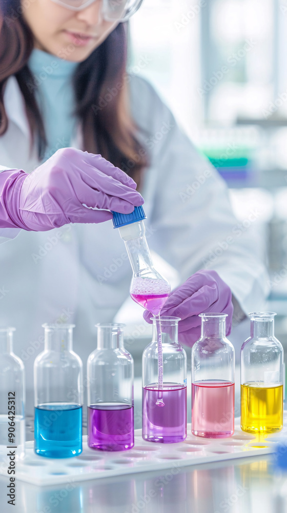 A woman in a lab coat is pouring a blue liquid into a beaker. She is wearing gloves and a lab coat