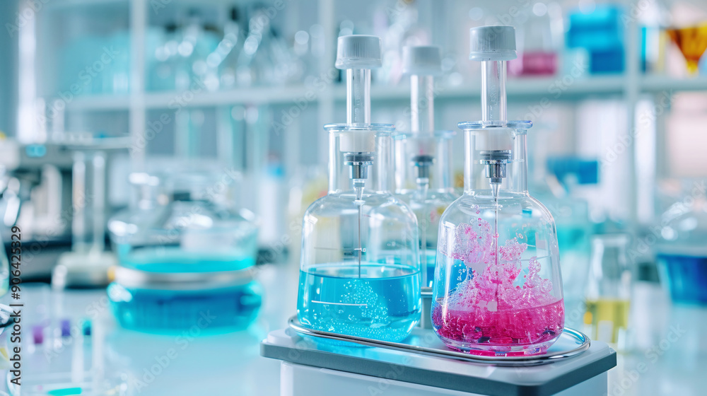 A lab with a blue and pink liquid in a beaker. The lab is full of beakers and other scientific equipment A lab with a blue and pink liquid in a beaker. The lab is full of beakers and other scientific equipment