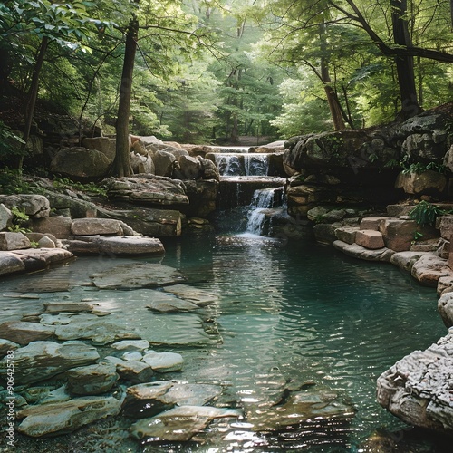 Tranquil Natural Pool Nestled in a Serene Forest Landscape with Cascading Waterfall