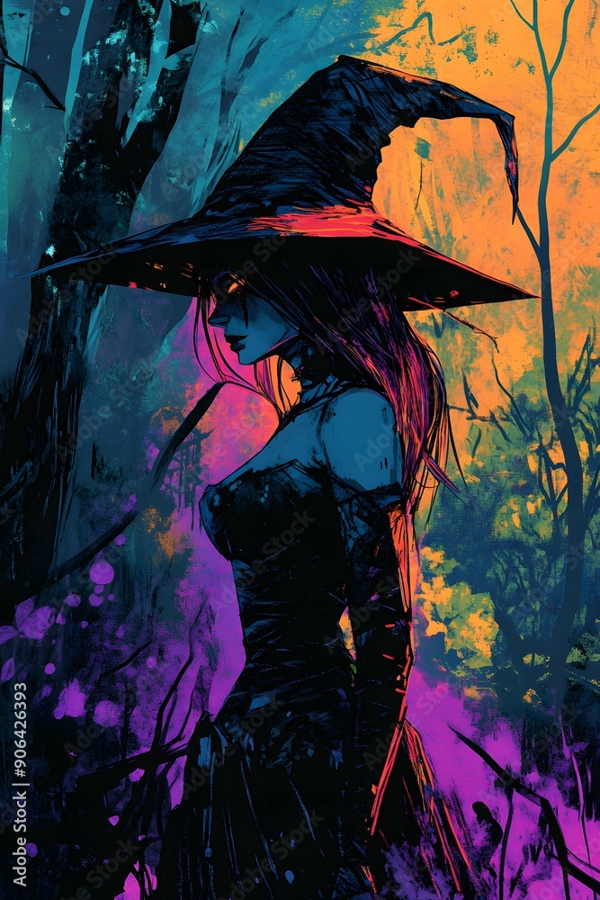A witch in a pointy hat in the woods, neon A witch in a pointy hat in the woods, neon