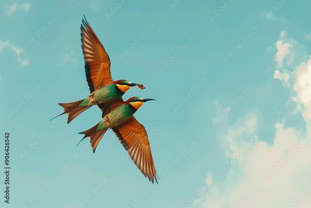 Fototapeta premium A pair of elegant European bee-eaters catching insects in mid-flight, with a blue sky background. 