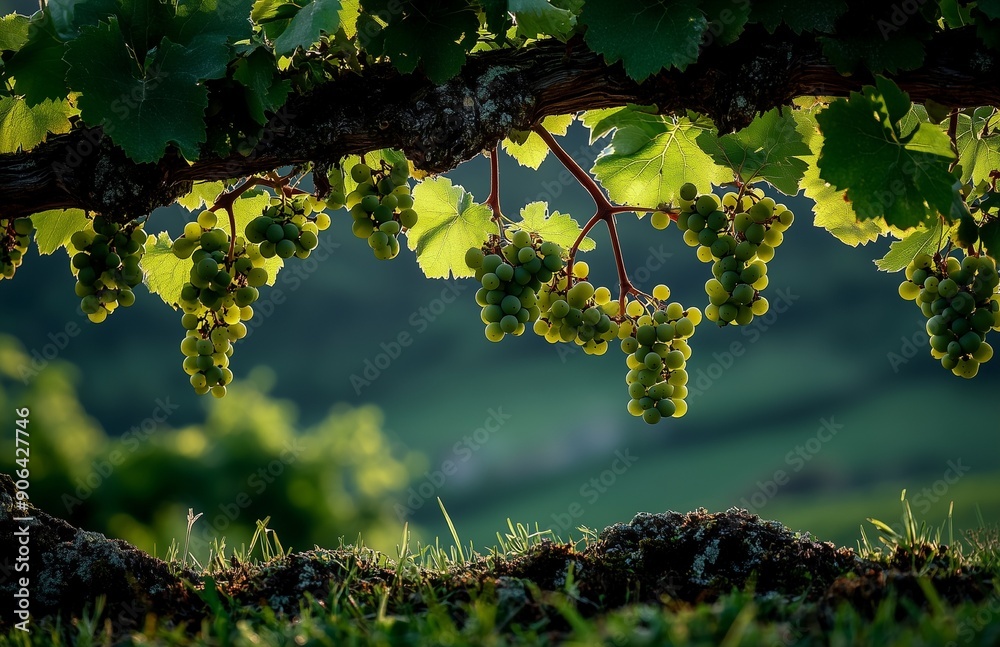 Fototapeta premium Green grapes hang from the vineyard branches in the warm sun, ready for harvest