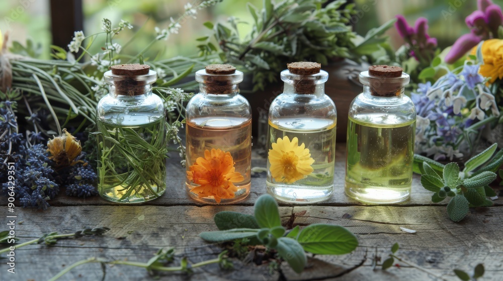 Small glass bottles contain various handmade herbal oils, arranged on a rustic wooden surface amidst vibrant greenery and blooming flowers Small glass bottles contain various handmade herbal oils, arranged on a rustic wooden surface amidst vibrant greenery and blooming flowers