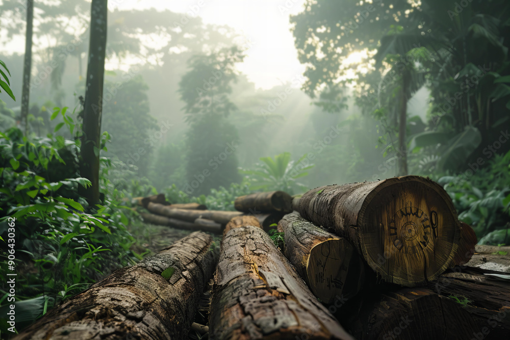 Log spruce trunks pile. Sawn trees from the forest. Logging timber wood industry. Cut trees along a road prepared for removal. Log spruce trunks pile. Sawn trees from the forest. Logging timber wood industry. Cut trees along a road prepared for removal.
