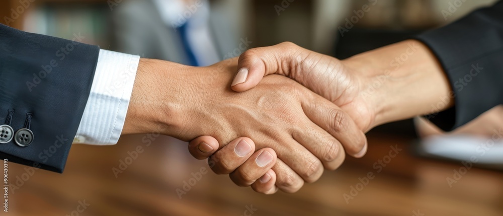 Close-up of a business handshake between two professionals, symbolizing partnership, agreement, and successful collaboration.