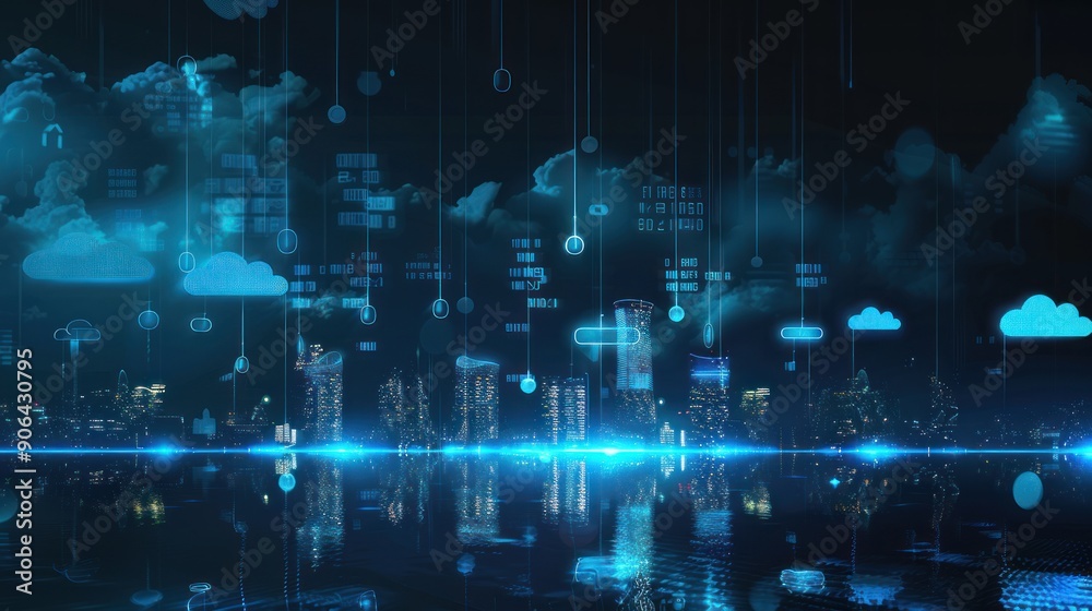 Digital Clouds Over a Futuristic Cityscape Digital Clouds Over a Futuristic Cityscape