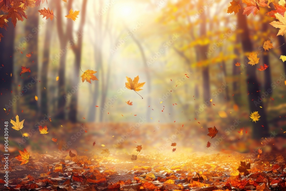 A serene autumn forest scene with falling leaves in warm sunlight A serene autumn forest scene with falling leaves in warm sunlight