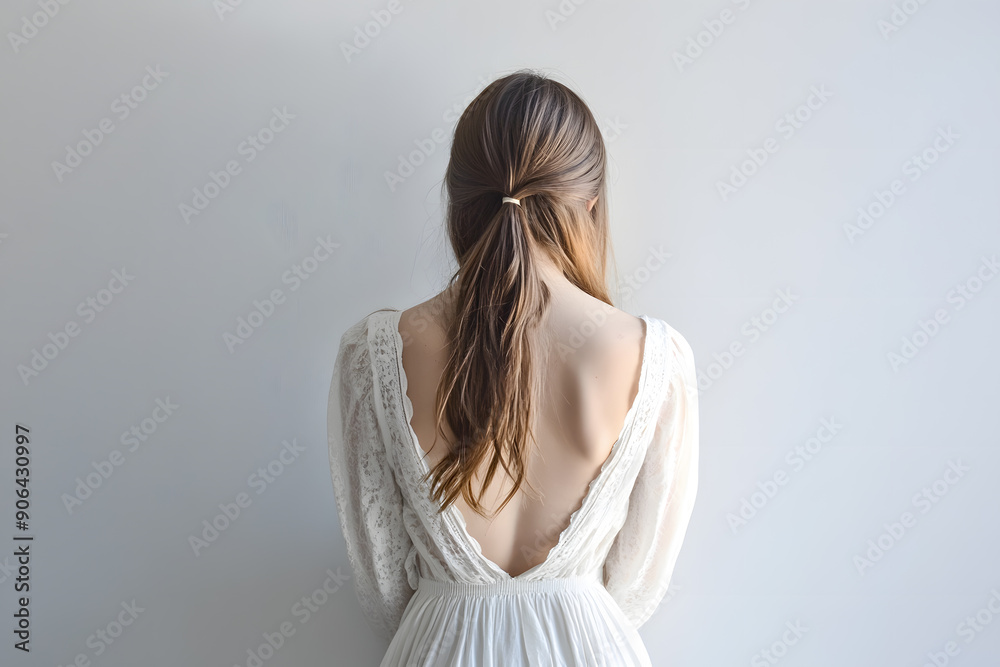 Young woman with long hair back view shot isolated on white background