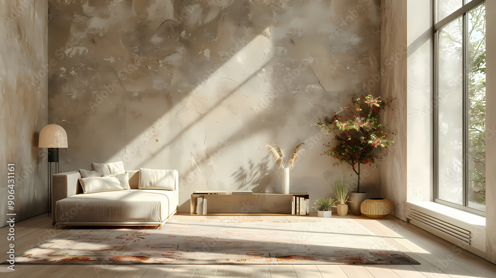 A modern living room with a neutral color palette, featuring a large white couch, a tall lamp, and a potted plant. Sunlight streams through a large window, illuminating the space. A modern living room with a neutral color palette, featuring a large white couch, a tall lamp, and a potted plant. Sunlight streams through a large window, illuminating the space.