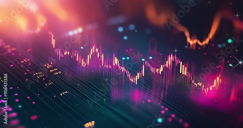 A close up of an interactive screen displaying the trading chart for cryptocurrency, with colorful candlestick patterns and data lines on a black background.