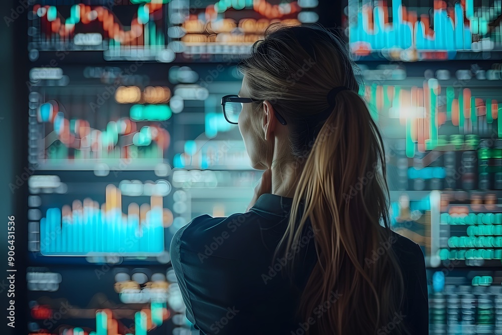 Analyzing Market Trends: A Focused Investor in Front of Data Screens Analyzing Market Trends: A Focused Investor in Front of Data Screens