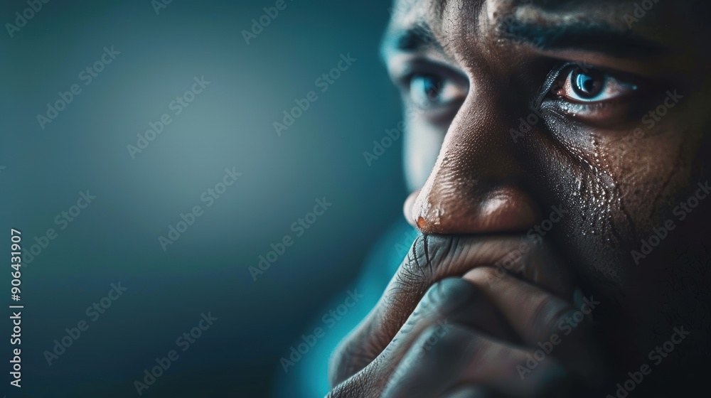 A man with a wet face and a sad expression. The man is looking down and his eyes are closed A man with a wet face and a sad expression. The man is looking down and his eyes are closed