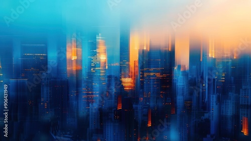 Cityscape with Blurry Towers and Glowing Lights