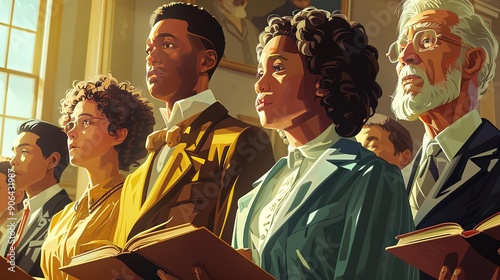 Columbus Day church choir, singing historical hymns, community gathering, realistic illustration