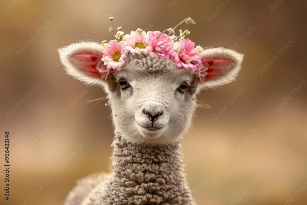 Obraz premium A baby lamb with a flower crown on its head. The lamb is looking at the camera with a smile