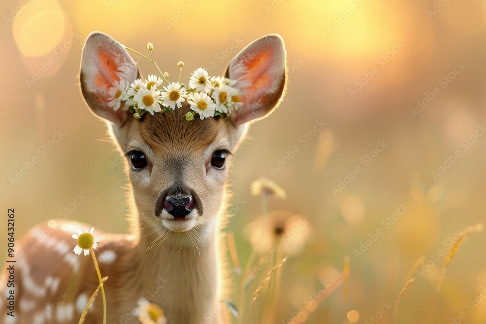 Fototapeta premium A baby deer with a flower crown on its head. The image has a light and playful mood, with the deer looking cute and innocent