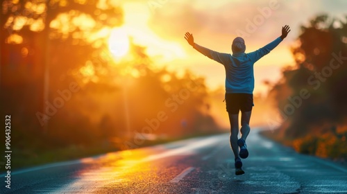 A runner is jumping in the air on a road with a beautiful sunset in the background. Concept of freedom and joy as the runner celebrates their accomplishment