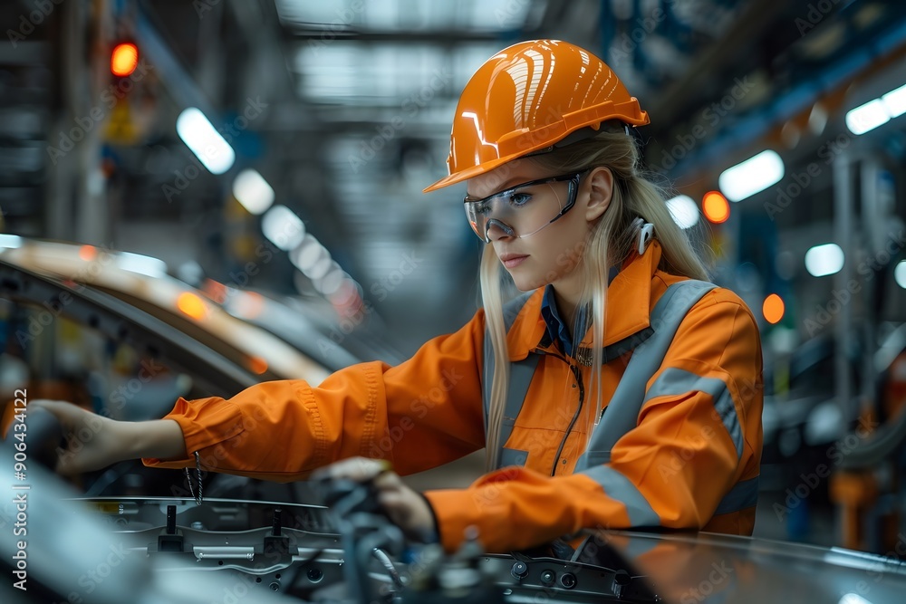 Focused Female Mechanic in Safety Gear Working on Vehicle in Industrial Setting Focused Female Mechanic in Safety Gear Working on Vehicle in Industrial Setting