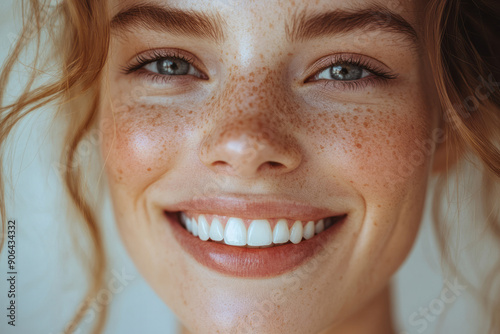 Minimalist image of a person smiling with a set of pearly white teeth, set against a clean white background,