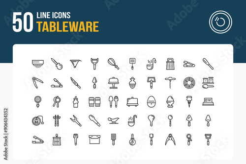 Set of 50 Tableware icons related to  Sifter, Baster, Funnel, Peeler Line Icon collection