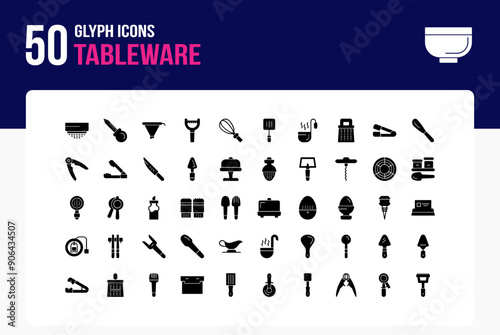 Set of 50 Tableware icons related to  Sifter, Baster, Funnel, Peeler Glyph Icon collection
