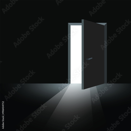 Open door with light icon in flat style. Dark room vector illustration on isolated background. Doorway entrance sign business concept.