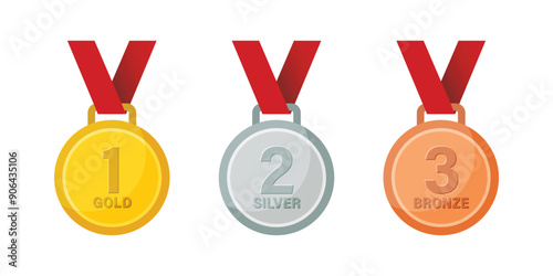 Gold, silver, bronze medals icons set in flat style. Trophy award vector illustration on isolated background. Winner sign business concept.