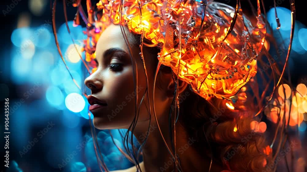 Woman in Elaborate Light-Up Headpiece Posing Against Blue Background Woman in Elaborate Light-Up Headpiece Posing Against Blue Background