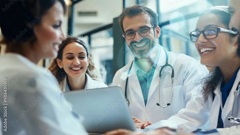 A group of doctors are smiling and laughing while looking at a laptop. They seem to be enjoying their time together