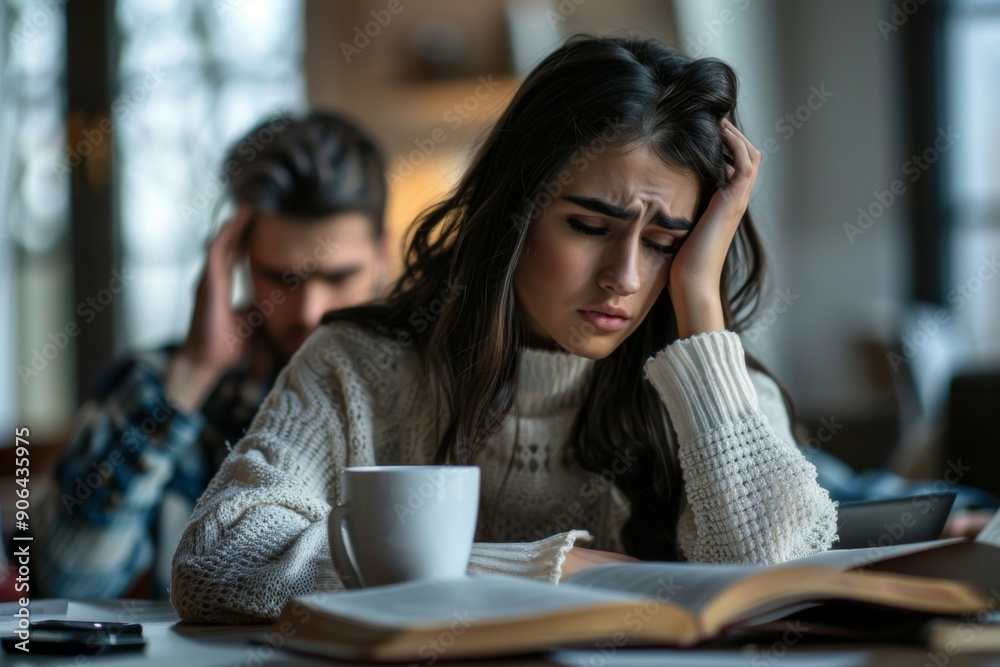 Concerned Young Woman Studying with Male Friend in Background Concerned Young Woman Studying with Male Friend in Background
