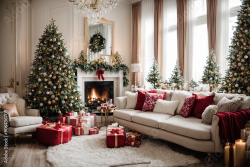 Beautiful festively decorated room with a Christmas tree. Cozy bright living room with stylish modern decor