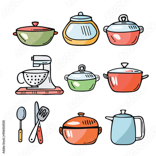 Collection kitchen utensils cookware illustrated colorful, cartoon style. Set includes pots, pan, kitchen utensils, electric mixer, perfect kitchenthemed design. Bright primary color scheme playful photo