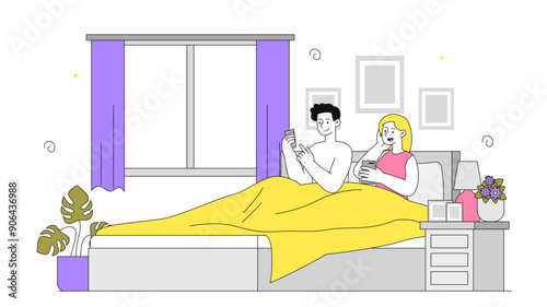 Couple lying with phones. Man and woman lying in bed with smartphones. Dependence on social networks and messengers. People with gadgets. Linear vector illustration