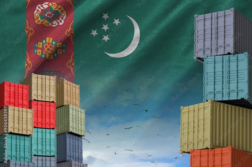 Turkmenistan flag and big stack of shipping cargo containers in docks