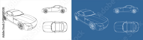 set sport car line draw blueprint from all view top corner side back isolated in transparent background