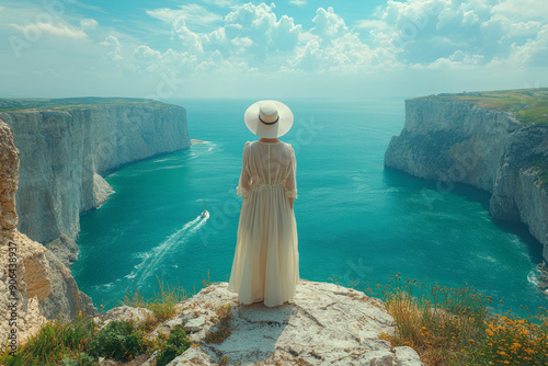 Elegant image of a widow standing on a cliffside, looking out at the vast ocean with a sense of peace,