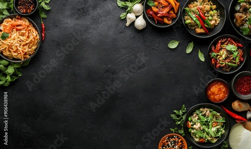 Minimalist restaurant-themed advertising banner showcasing delicious food items at the borders, leaving ample copy space