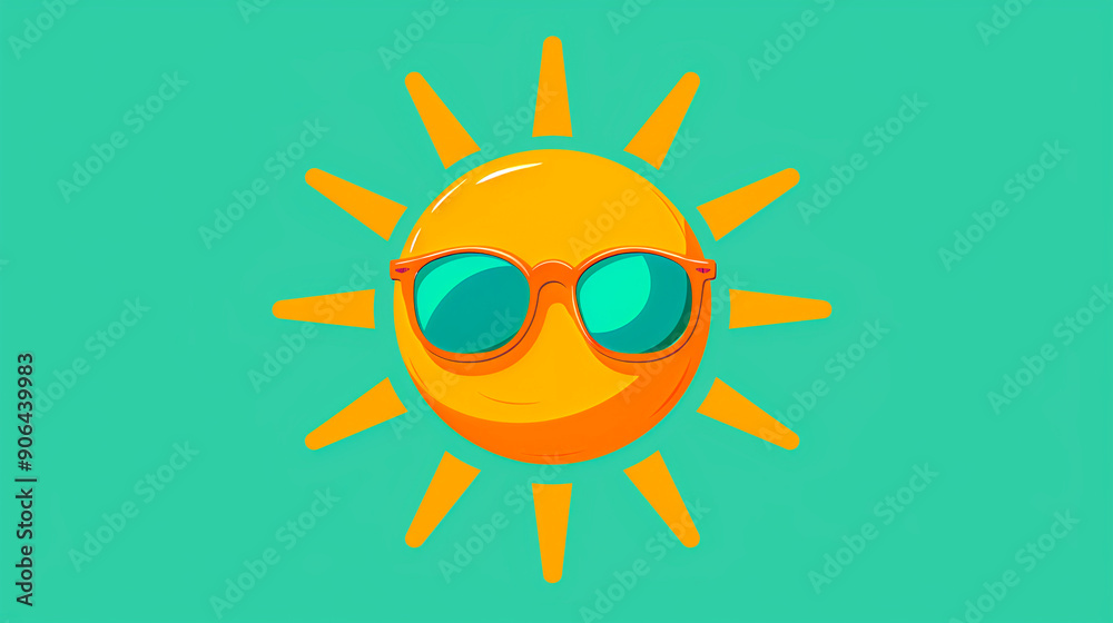 Cartoon sun with sunglasses on teal background, colorful summer illustration Cartoon sun with sunglasses on teal background, colorful summer illustration