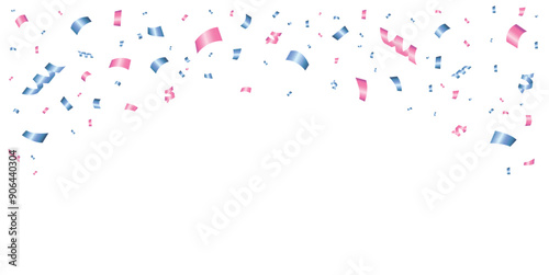 Confetti explosion. Celebration background with Blue and pink confetti isolated on transparent background. Shiny colored paper cuts. Serpentine, tinsel falling. Decoration for birthday, holiday.
