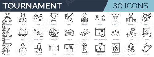 Set of 30 outline icons related to competition, tournament. Linear icon collection. Editable stroke. Vector illustration