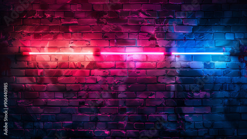 Red and blue neon lights on unplastered brick wall photo
