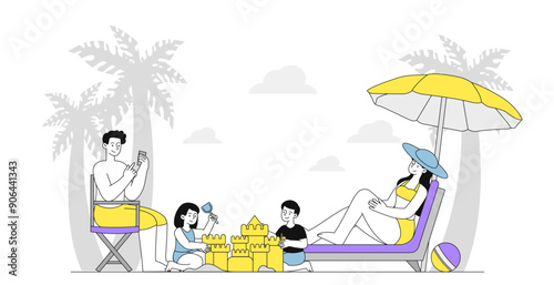 Family on beach. Man and woman with children at coastline and seaside. Father and mother with son and daughter with holiday and vacation. Linear vector illustration