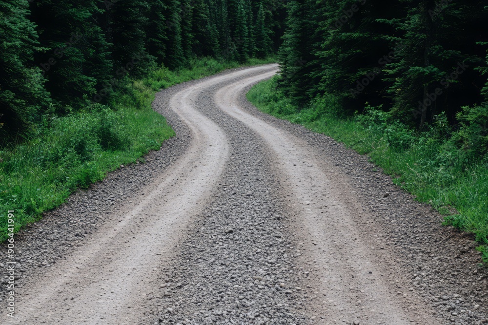 Curving gravel road nestled amidst lush green trees, inviting exploration and adventure in the heart of nature.