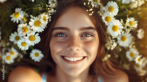 A young woman with a bright smile surrounded by daisies and flowers, capturing a joyful and serene moment