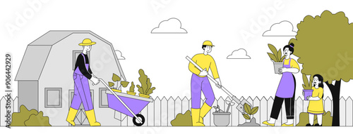 Farmer family in garden. Men and woman with plants in farm. Farming and agriculture. People with potted sprouts. Harvest and crop. Linear vector illustration