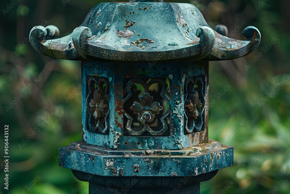Fototapeta premium Weathered Japanese Lantern Surrounded by Lush Greenery