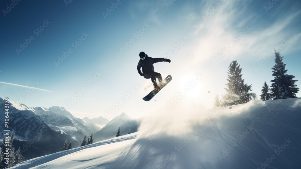 Snowboarder in an extreme jump descends from ski mountain. AI generated. Snowboarder in an extreme jump descends from ski mountain. AI generated.