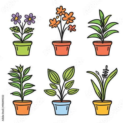 Six potted plants colorful vector illustration isolated white background. Handdrawn houseplants flowerpots collection cartoon style home decor