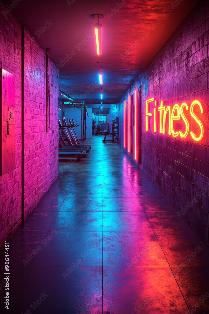 Playful neon Fitness letters, illuminating a dark, modern gym scene with colorful light, Playful neon Fitness letters, illuminating a dark, modern gym scene with colorful light,